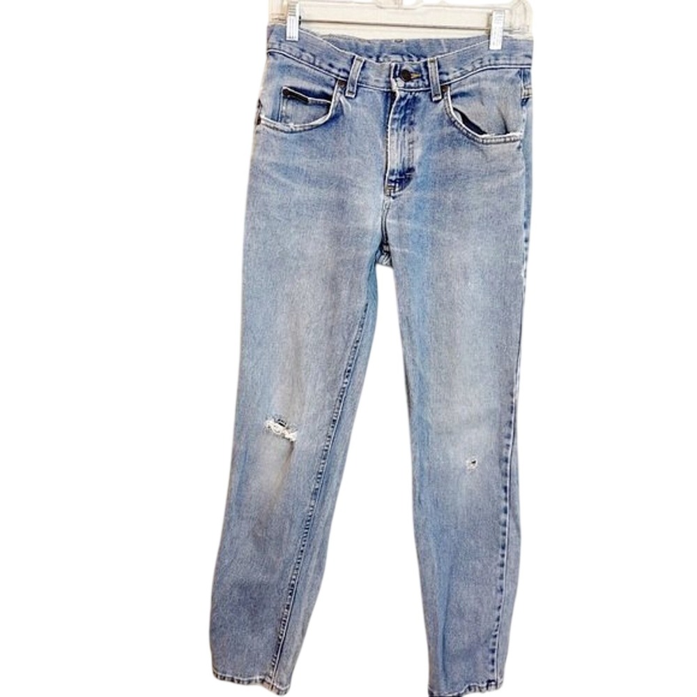 Vintage Lee Jeans 29x32 Light Wash Distressed High Rise Slim Straight Denim USA